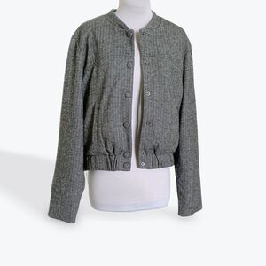 Autres Filles Herringbone Bomber Jacket Gray Black Snap Front Minimalist S/P